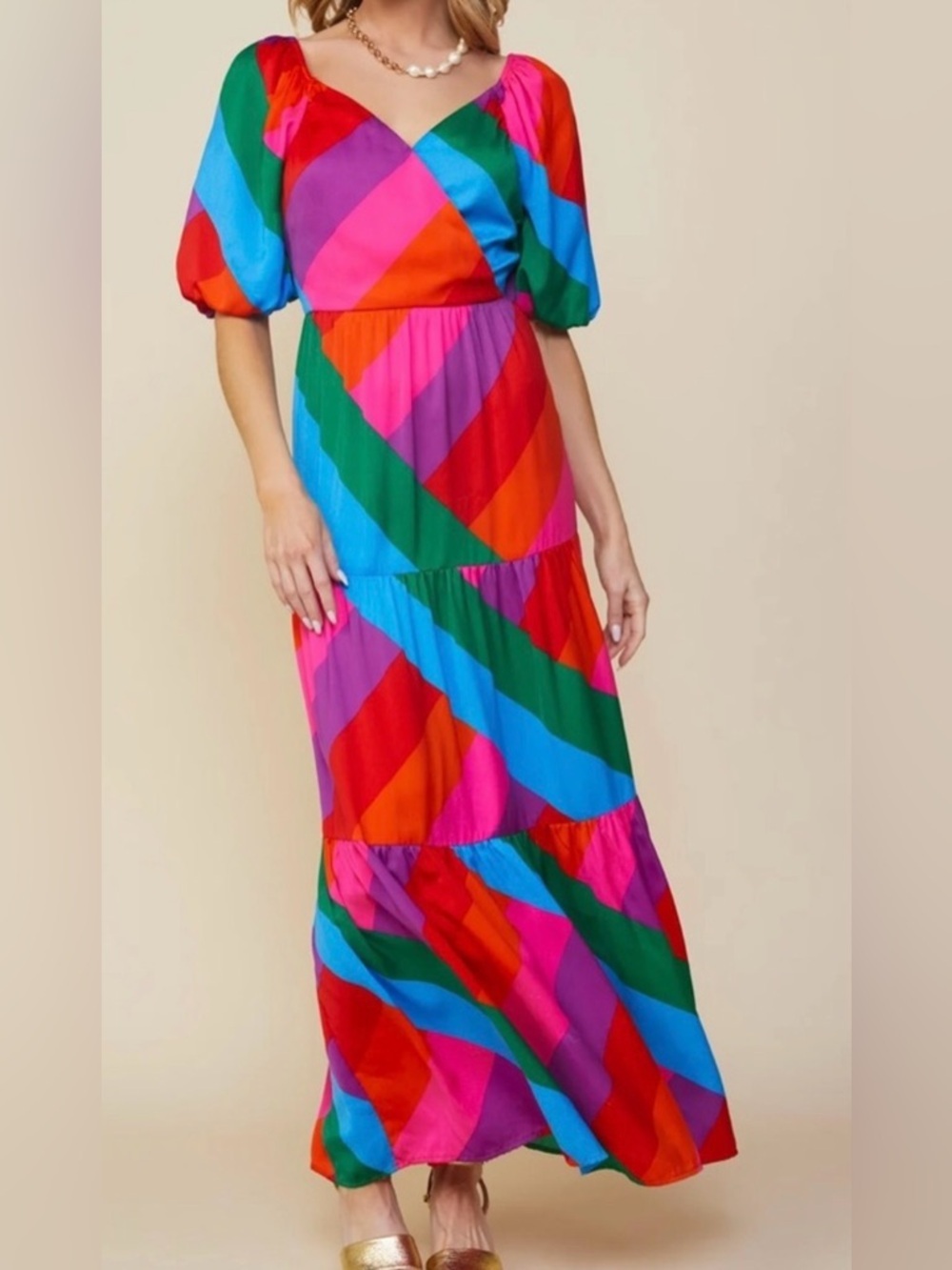 Skies Are Blue Women Multi color Puff sleeves Maxi Long Layer Dress Size Small